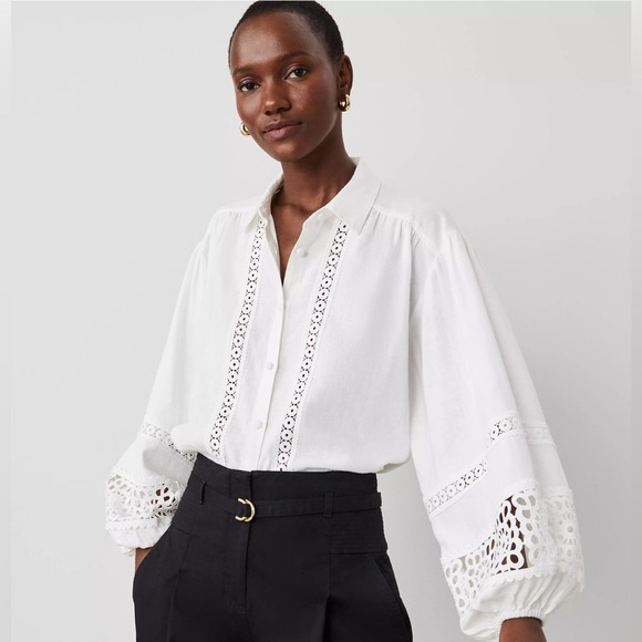 NWT Ann Taylor Embroidered Linen Blend Puff Sleeve Blouse White XS - Picture 1 of 12